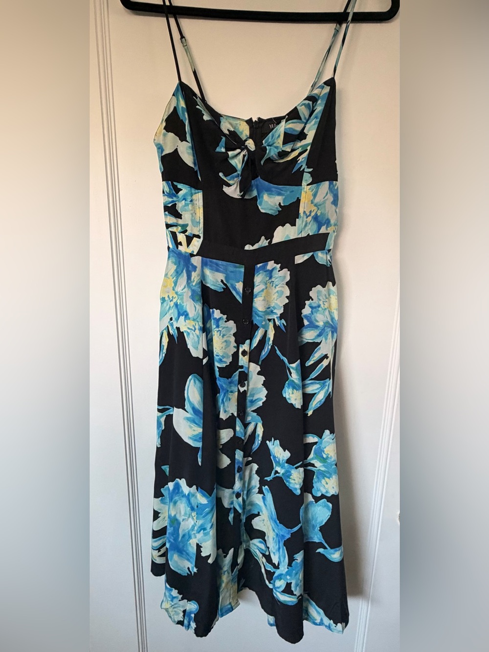 Yumi Kim / Anthropologie Black Midi Dress with Blue and Cream Floral Print